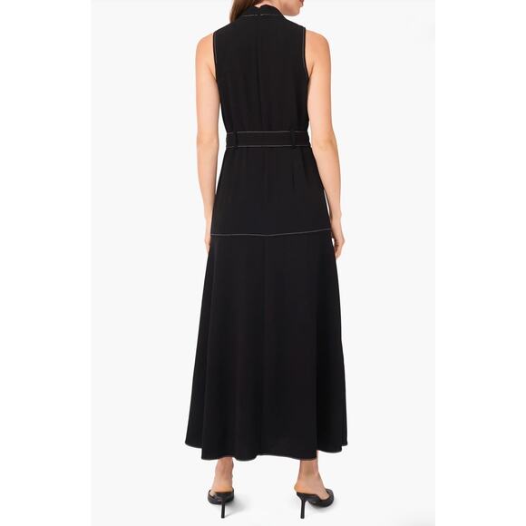 Halogen Topstitched Belted Waist Sleeveless Mock Neck Midi Dress Black Sz XL - Picture 3 of 11
